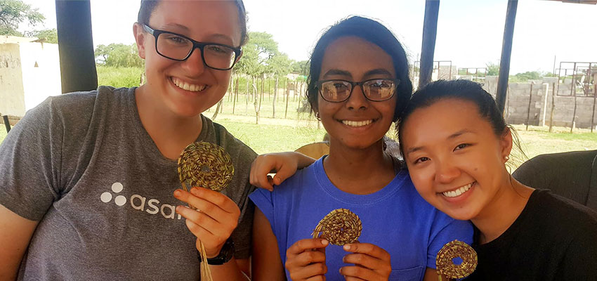 Proud traditional basket weavers with their hand crafted coasters! Three D-Lab: Development students in Botswana: (left to right) Rebecca Sloan, Smita Bhattacharjee, Anna Wan.