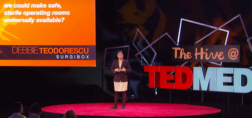 Debbie Lin Teodorescu, founder of SurgiBox, on the TedMed stage.