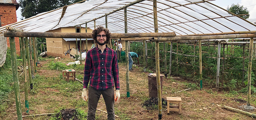 Matthew Baldwin, MIT '21 in the Kathmandu Valley of Nepal where, with a team, he built his own design of a modular bamboo greenhouse structure.