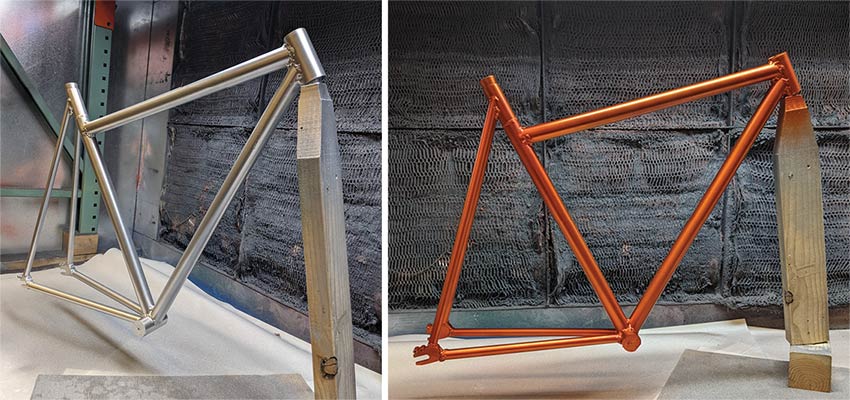 Left: bike frame painted with an undercoat of silver, Right: bike frame painted red