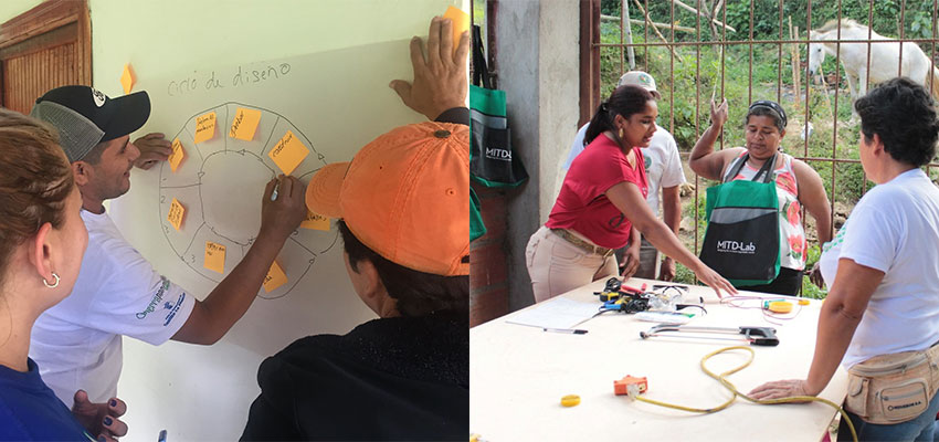 Left: Nahaun, facilitator-in-training from El Salvador works with team to practice teaching the design process. Right: Tatiana, facilitator-in-training, practicing teaching teaching the lantern build-it to fellow facilitators-in-training. Photos: Sher Vogel