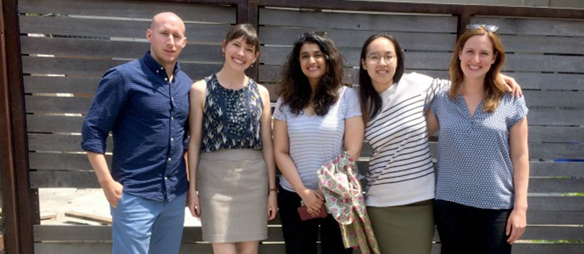 D-Lab Monitoring, Evaluation, and Learning (MEL) Manager Laura Budzyna (second from left) with MEL 2018 summer interns Tom DeMaio, Rachita Mehrotra, Jieun Park, and Erika Desmond.