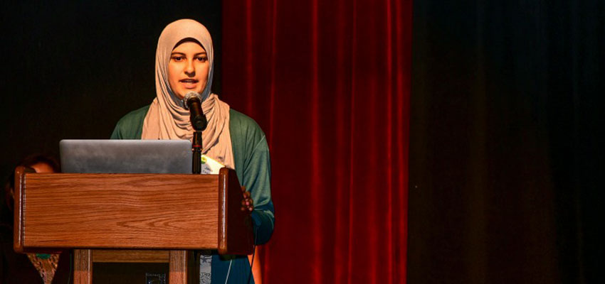 Jana Saadi '18 speaking at the MIT D-Lab 15th Anniversary Symposium.