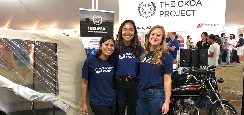 Left to Right: Sade Nabahe, Emily Young, and Eva Boal of Okoa Project at the MIT Delta V Demo Day, 2018.