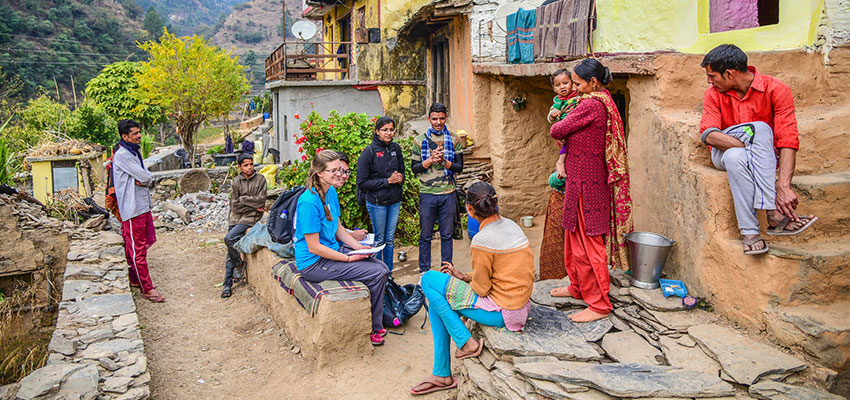 D-Lab students and mechancial engineering graduate student Krithika Ramchander conducting user-feedback interview for Xylem waterfilter prototypes, Uttarakhand, India. January 2018. Photo: Megha Hegde.