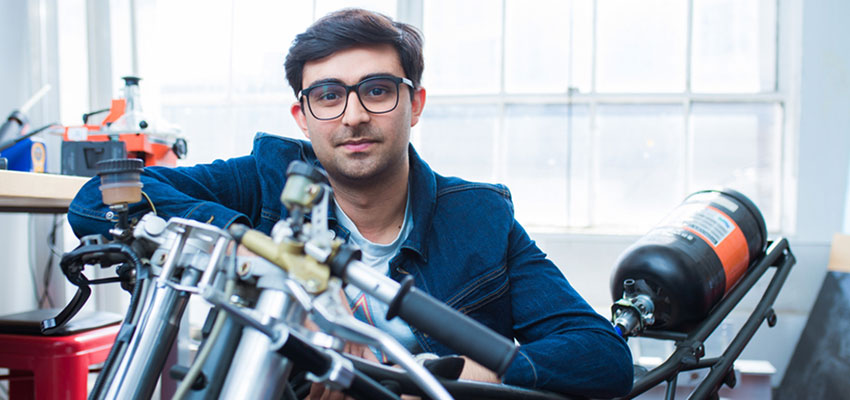 MIT graduate student Adi Mehrotra ’22 is working on sustainable solutions in vehicle design, including a hydrogen-powered motorcycle. Credits: Photo: Gretchen Ertl 