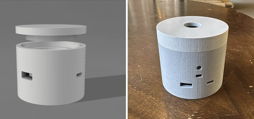 Left: Preliminary rendering of the case. Right: Resin 3D printed case prototype. Images: Trent Lee