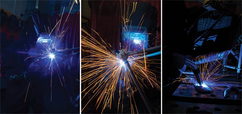 3 pictures in the dark of person welding with sparks flying