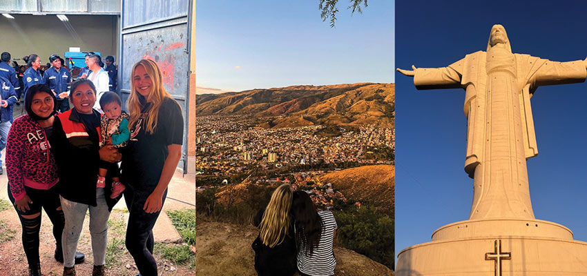 Scenes from the trip left to right: Junior Lexi Spinetta pictured with a family of Ecorecolectoras from her CCB team; Juniors Lexi Spinetta and Lexy Zitzmann enjoying the view near the famous Cristo statue; the Cristo statue. Photos: Courtesy MIT D-Lab