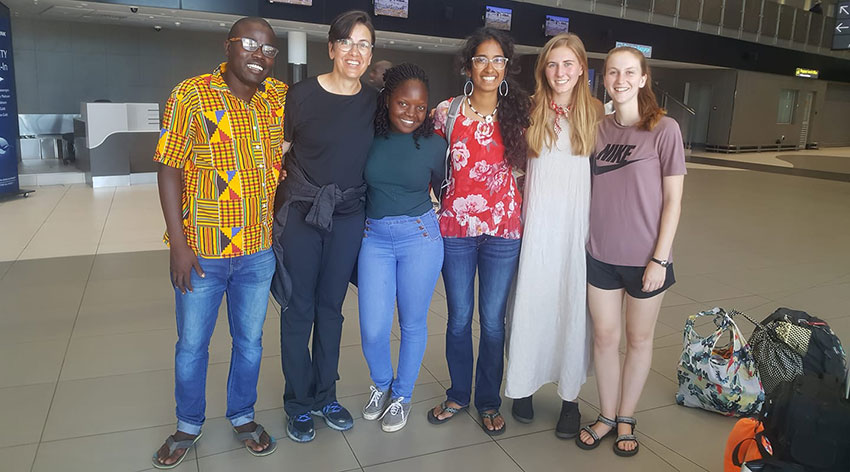 Amelia Seabold, Anna Johnson, Meghana Vemulapalli, Pelo Kamwi, Leonie Marinovich, and Thabiso Mashaba (right to left) at the Kasane airport.