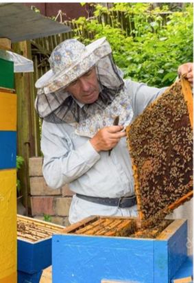 Beekeeper with rack of bees.