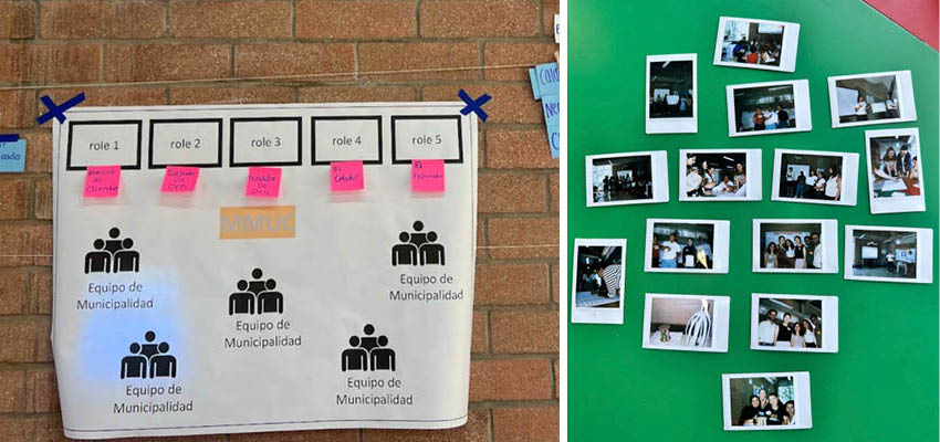 Left: A diagram of roles on a piece of paper hanging from a string. Right: Many polaroid photos on a table.