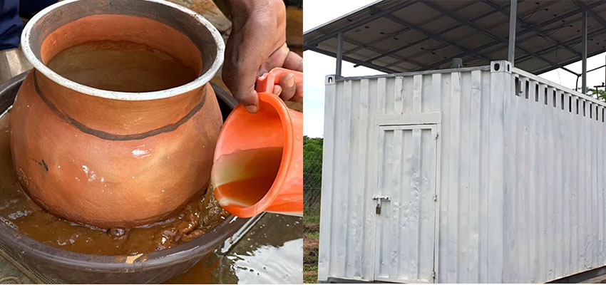 A clay pot in a dish at left; a large shipping container w solar panels at right.