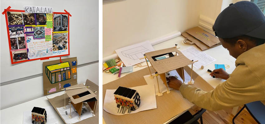 Left: A desk with a small structure model. Right: Young man working on the model.
