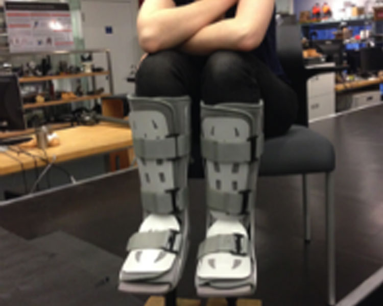 A 2014 D-Lab: Prosthetics student testing an aspect of her team’s prototype.