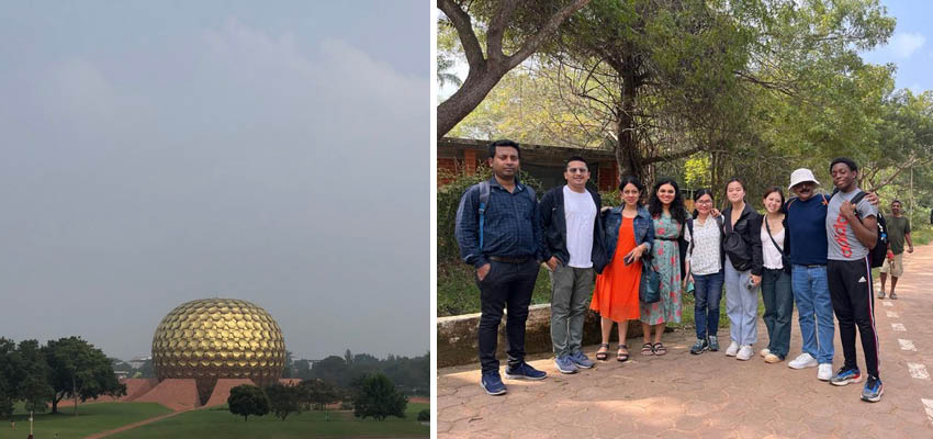 Left: Large gold domed building. Right: Group of standing people.