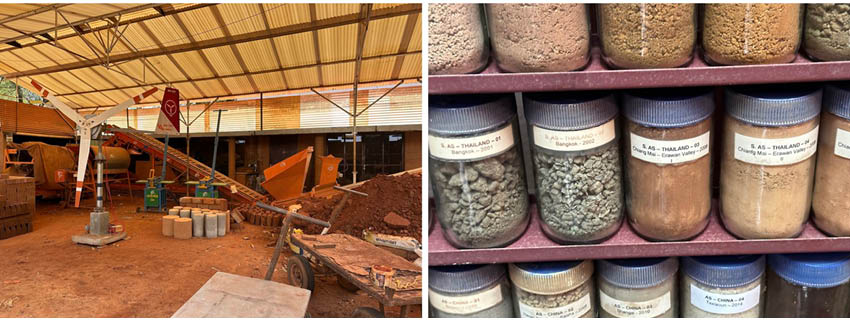 Left: Interior of bamboo building. Right: Jars of dry powders.