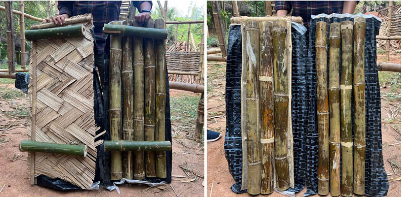 Examples of two different bamboo roofing designs.