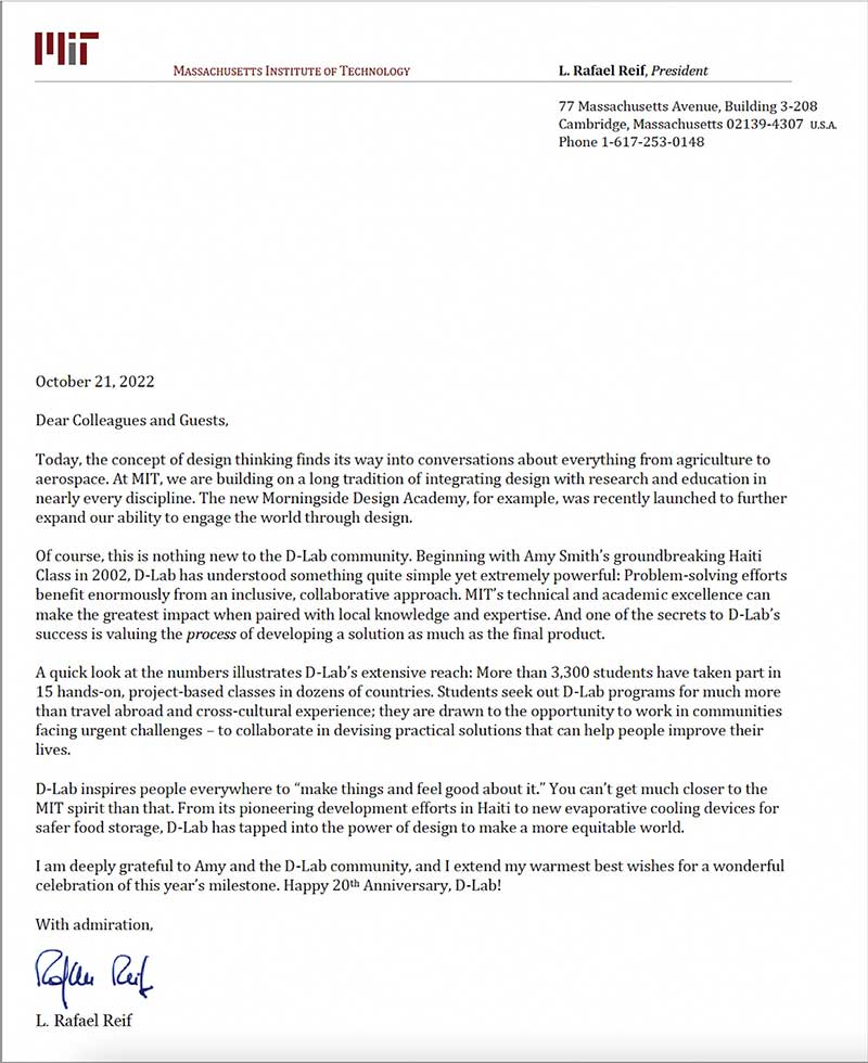 A letter printed on MIT letterhead from MIT President Rafael Reif