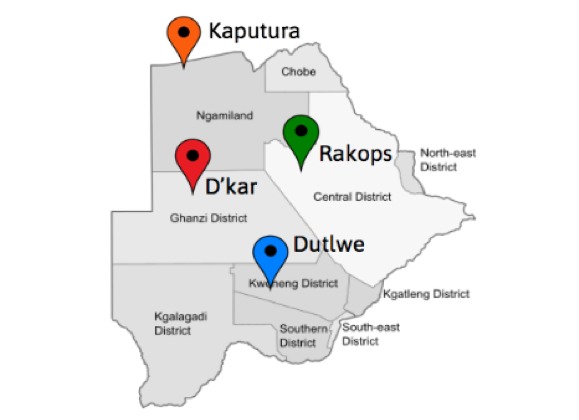 Map of Botswana showing the location of the four villages where the summit is taking place. Participants are working in teams of 3-4 people, and each team will spend a full week in each village co-creating, gathering information and obtaining user feedback led by their instructors, design facilitators and community liaisons at the local innovation centers. 