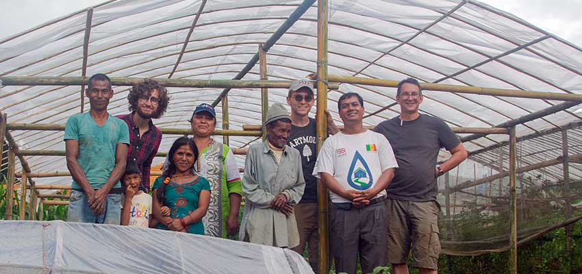 The team in front of the finished greenhouse. From left to right: back row: Matthew Baldwin, Rita Rai Shrestha, Robert Powell, Bob Nanes; front row: Sanubai, Sanubai’s son, Sanubai’s Wife, Sanubai’s Father, Krishna Adhikari.