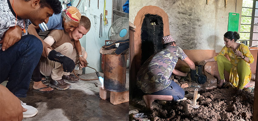 Two views of people working with small stoves.