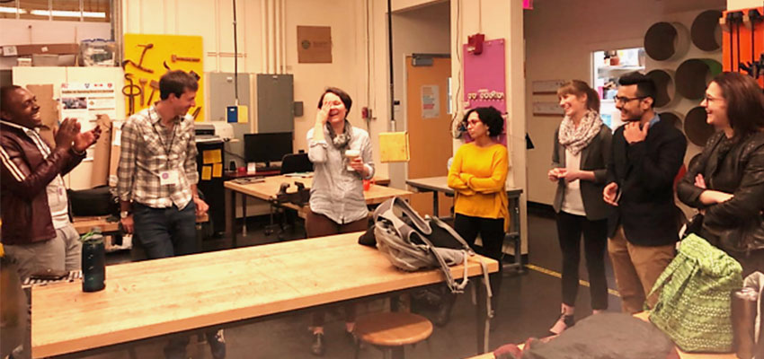 Ecosystem Builder Fellows and MIT D-Lab practitioners share a light moment. On the walls of this seemingly scrappy tinkering space, one can find tools of all shapes and sizes — that are used by innovators at MIT to come up with ingenious solutions to pressing global challenges.