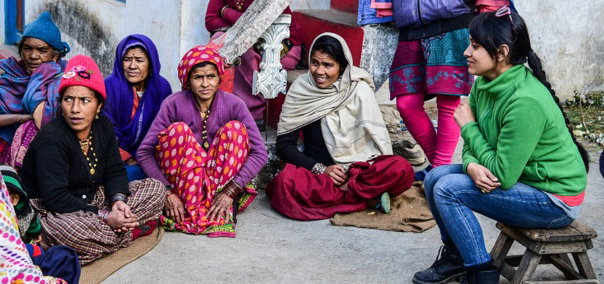 D-Lab research associate Megha Hegde (right) conducting a focus group discussion with women in a village in the Kapkot block of Bageshwar district.