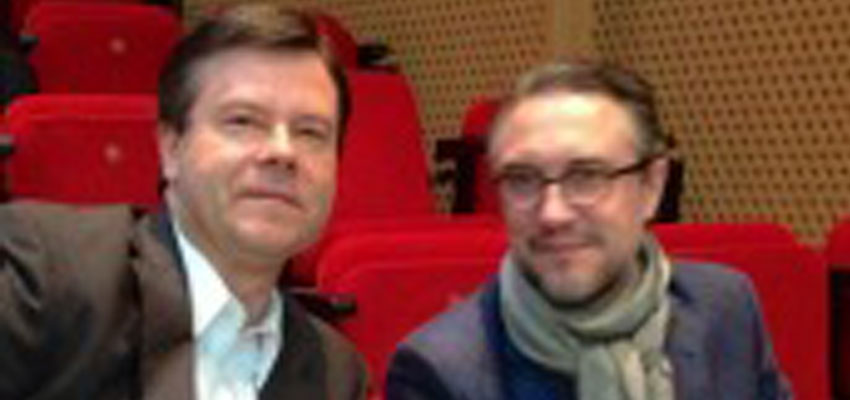 Panelists Alex Counts of the Grameen Foundation (left) & Danone's Jean-Christophe Laugée (right)