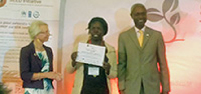 Betty, pictured here, recently won a SEED Award on behalf of Appropriate Energy Saving Technologies, a business she founded to make and sell charcoal briquettes from agricultural waste.