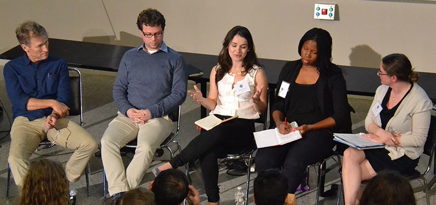 (l-r) Kevin Starr (Mulago Foundation), Mike McCrelless (Root Capital), Kasia Stochinol (Acumen), Bilikiss Adebiyi-Abiola (Wecyclers), and Kendra Leith (MIT D-Lab).