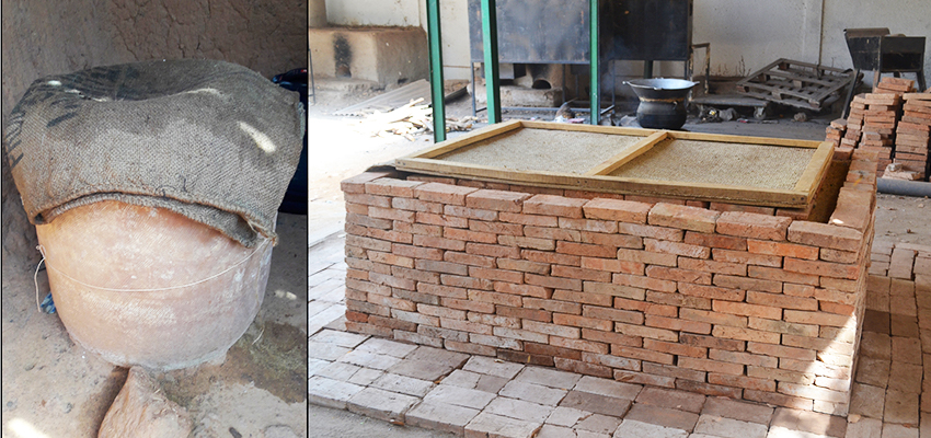 Two examples of an evaporative cooling device for vegetable storage and preservation. Left: clay pot cooler. Right a brick evaporative cooling chamber.