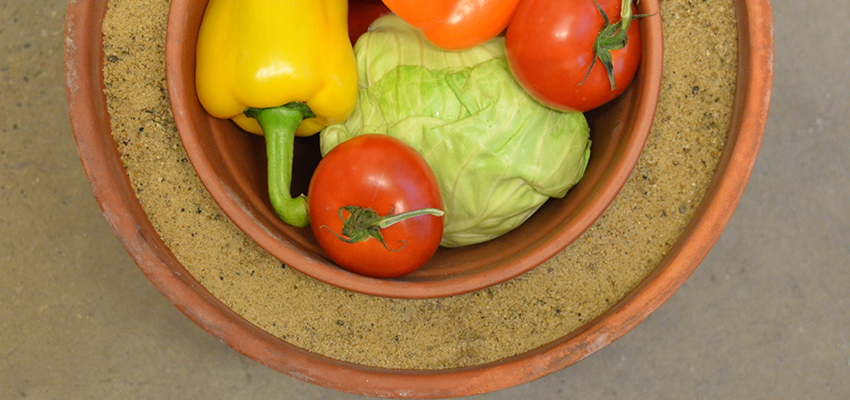 Vegetables in a clay pot evaporative cooling system.
