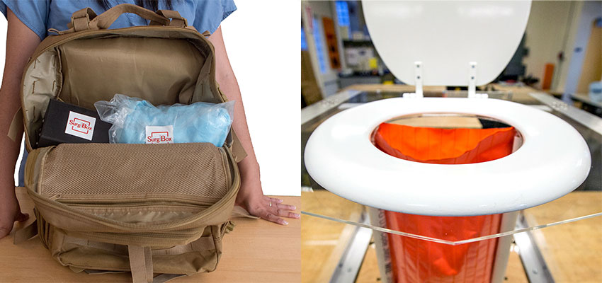 SurgiBox surgical theater in a back pack (left) and change:WATER toilet prototype (right).
