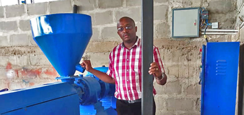 Above: Christian Mwijage, founder of EcoAct Tanzania. Christian is a 2019 D-Lab Scale-Ups Fellow and will work with a D-Lab MEL fellow this summer. EcoAct is a for‐profit social enterprise which has developed a chemical-free and energy-conserving technology that transforms post-consumer waste plastics into durable plastic timbers for use in construction.  Photo courtesy of Christian Mwilage