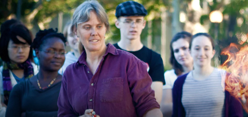 Amy Smith teaches MIT D-Lab students to make agricultural waste charcoal briquettes on the MIT campus. Photo courtesy of MIT D-Lab 