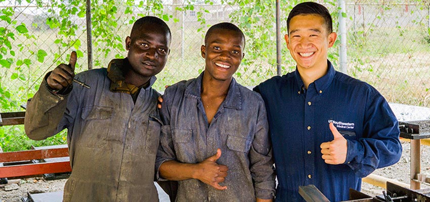 2019 MIT D-Lab MEL Fellow Geoff Tam (far right) working with KKL’s manufacturing team, Simeon Mogaka, team member, and Ken Musau, crew lead, to make KKL’s specially designed reinforced concrete panels