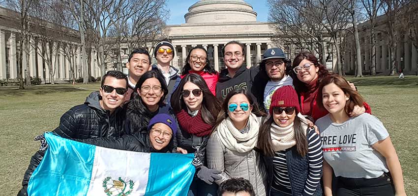 The Universidad del Valle de Guatemala is one of the lead partners for the ASPIRE project. Pictured here on the MIT campus in 2019 is a group of UVG students who took part in a "100,000 Strong in the Americas" program collaboratively run by MIT D-Lab and UVG. Photo courtesy of Universidad del Valle de Guatemala.