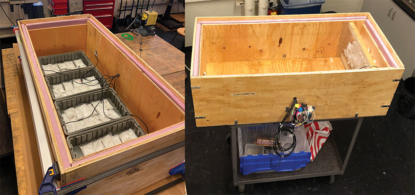 Phase change materials (PCM) testing setup using Tetradecanol and DS18B20 temperature sensors to monitor temperatures of various locations in the brooder box. Photo: MIT D-Lab/student team