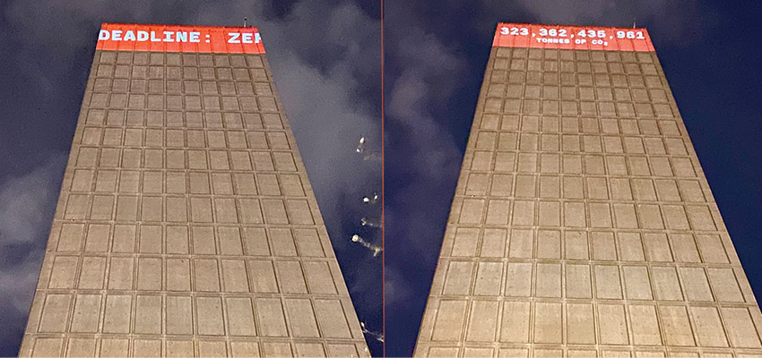 The MIT Climate Clock, created by D-Lab lecturer Susan Murcott and students, as projected on MIT's Green Building.