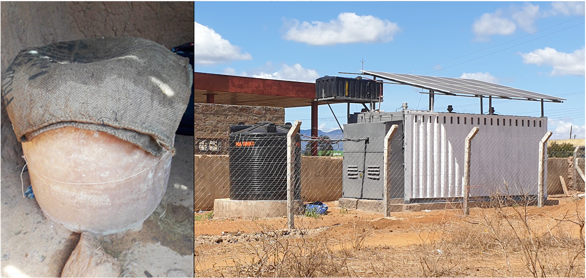 Two examples of an evaporative cooling device for vegetable storage and preservation. Left: clay pot cooler. Right a forced-air evaporative cooling chamber.