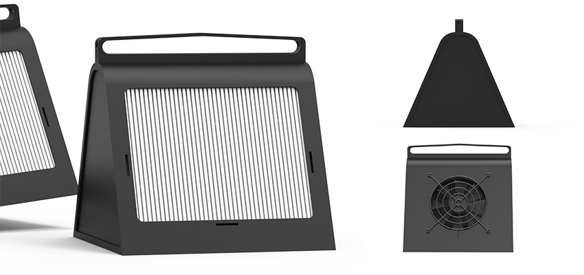 Renderings of the final air purifier prototype with perspective (left) side view (top-right) and front view (bottom-right).