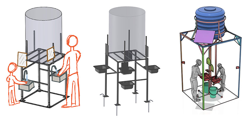 Left. Concept drawing of the hand washing station with human-centered design aspects and users. Center: Final prototype. Right: Bioforge station. Credits: MIT D-Lab Bioforge Team