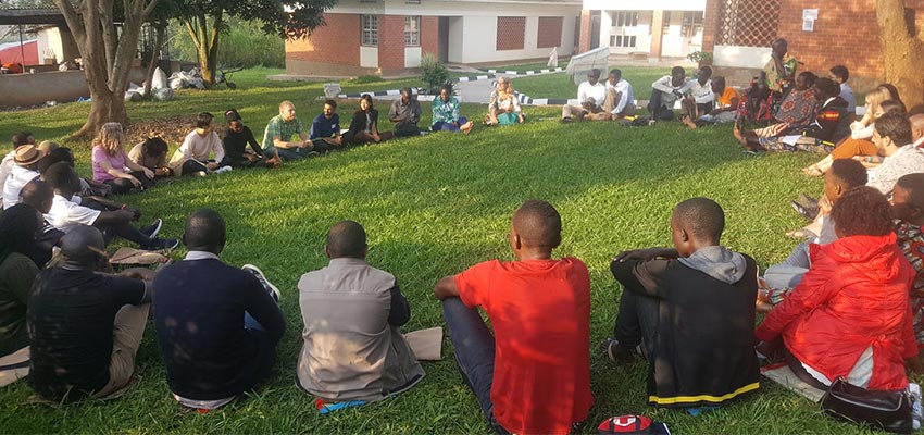 Participants of the International Development Design Summit (IDDS) Uganda 2019: Transforming Household Livelihoods gather for "morning circle." Photo: Courtesy MIT D-Lab/Thabiso Blak Mashaba