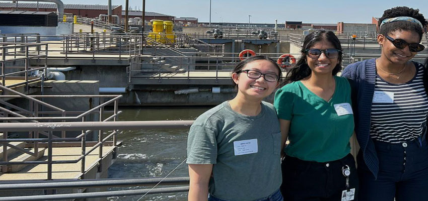 From Left: Megan Lim, Khushi Desai, Rachel Carethers at Deer Island Wastewater Treatment Plant. Photo: Courtesy MIT D-Lab