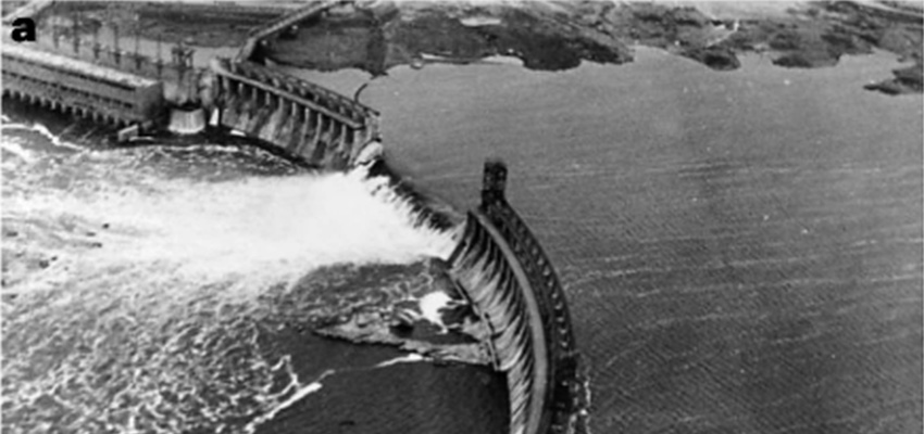 The dam on the Dnieper River near the city of Zaporizhzhia after reportedly being blown up by Soviet special forces in 1941 in an attempt to delay the offense of German troops. Source: See below