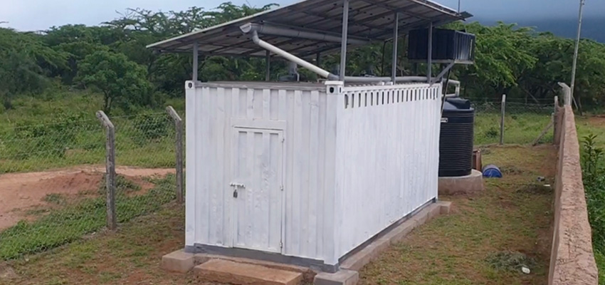 Forced-air evaporative cooling chamber powered by solar photovoltaic (PV) panels in Kibwezi, Kenya.