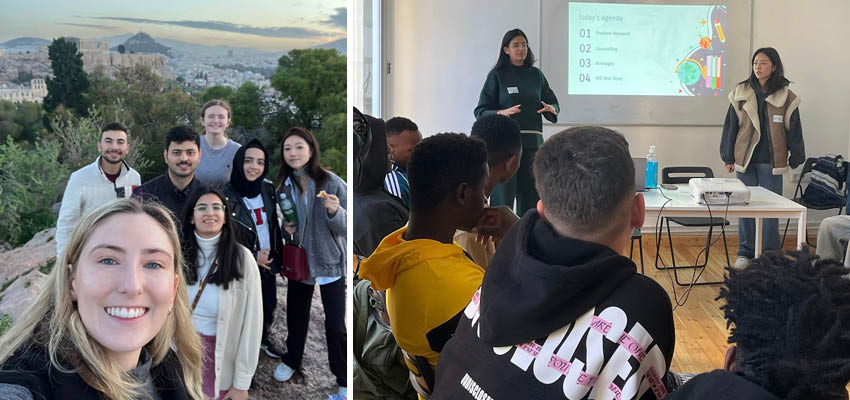 Left: MIT D-Lab team and trip leader (Front to back from left to right : Caroline Morris, Adan Abu Naaj, Jad Abou Ali, Naman Sharma, Manal Zia, Ellie Han, Chloe Smith). Adan and Ellie teaching the class on Problem Research through AI. Photos: Courtesy MIT D-Lab