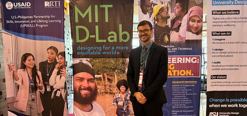 MIT D-Lab Researtch Assistant Jonars Spielberg in Manila at the launch ceremony for U.S.-Philippines Partnership for Skills, Innovation, and Lifelong Learning (UPSKILL).. Photo: UPSKILL/RTI staff