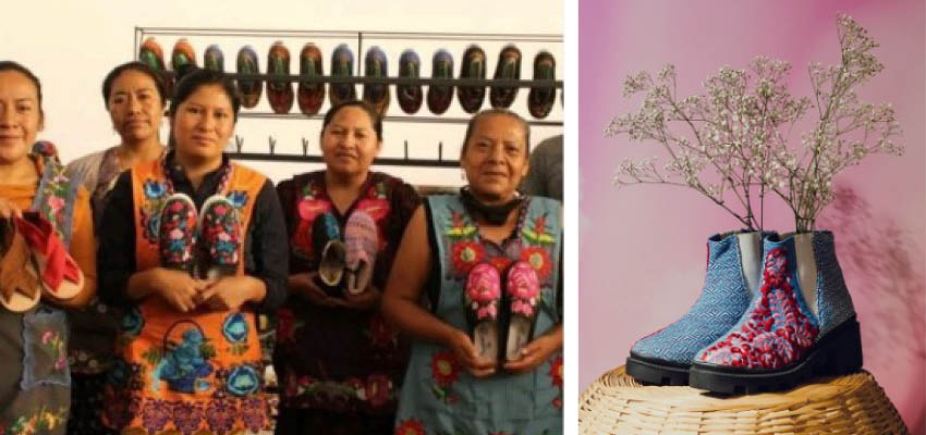 Left: Zapotec women employed by DAVA showing shoes they have made. Photo: Tejiendo Alianzas  Right: An example of a shoe made from DAVA showcasing its detailed embroidery. Photo: DAVA